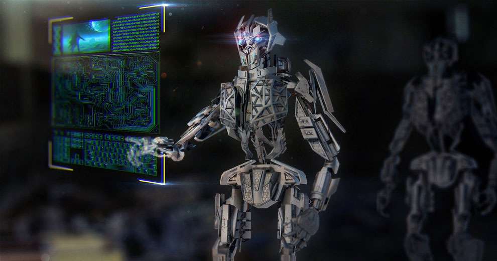 ai robot at computer screen